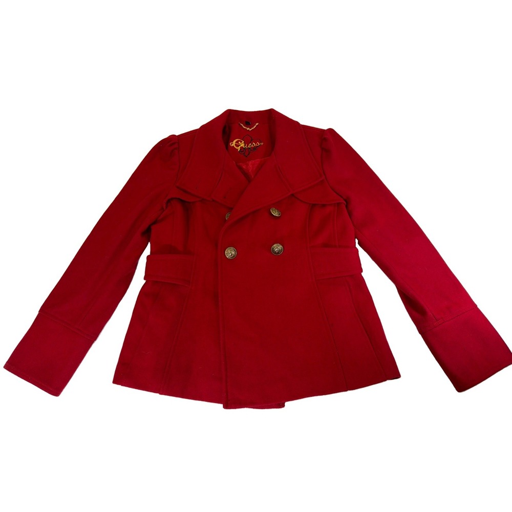 GUESS Georges Marciano Red Wool Blend Belted Double Breasted Coat Large Peacoat